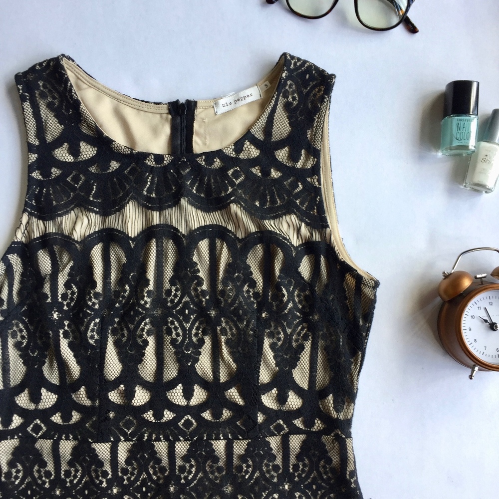 Blu Pepper Black Lace Overlay Flapper Dress